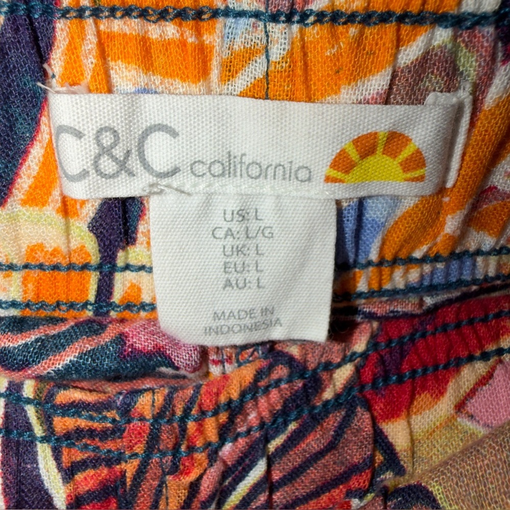 C & C California 100% Linen Wide Pants w/Pockets Tropical Floral Beach Sz Large - Picture 13 of 14